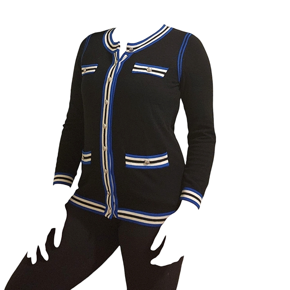 Talbots Cardigan Women's Black Striped Size Large Button Up